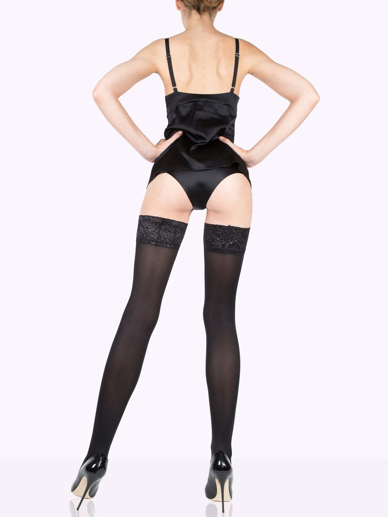 Satin Black ANDREA Opaque Thigh Highs by VienneMilano sold by VienneMilano