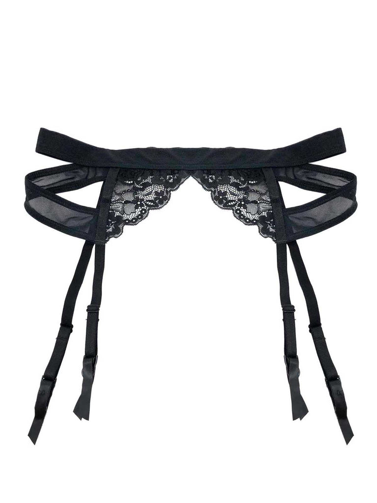 Phoebe garter belt in black featuring lace panels and mesh details, four straps buckles by Playful Promises.