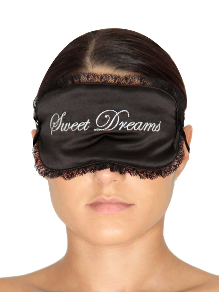 Sweet Dreams satin sleeping mask featuring lace trims embroidered with the words "Sweet Dreams" by Playful Promises.