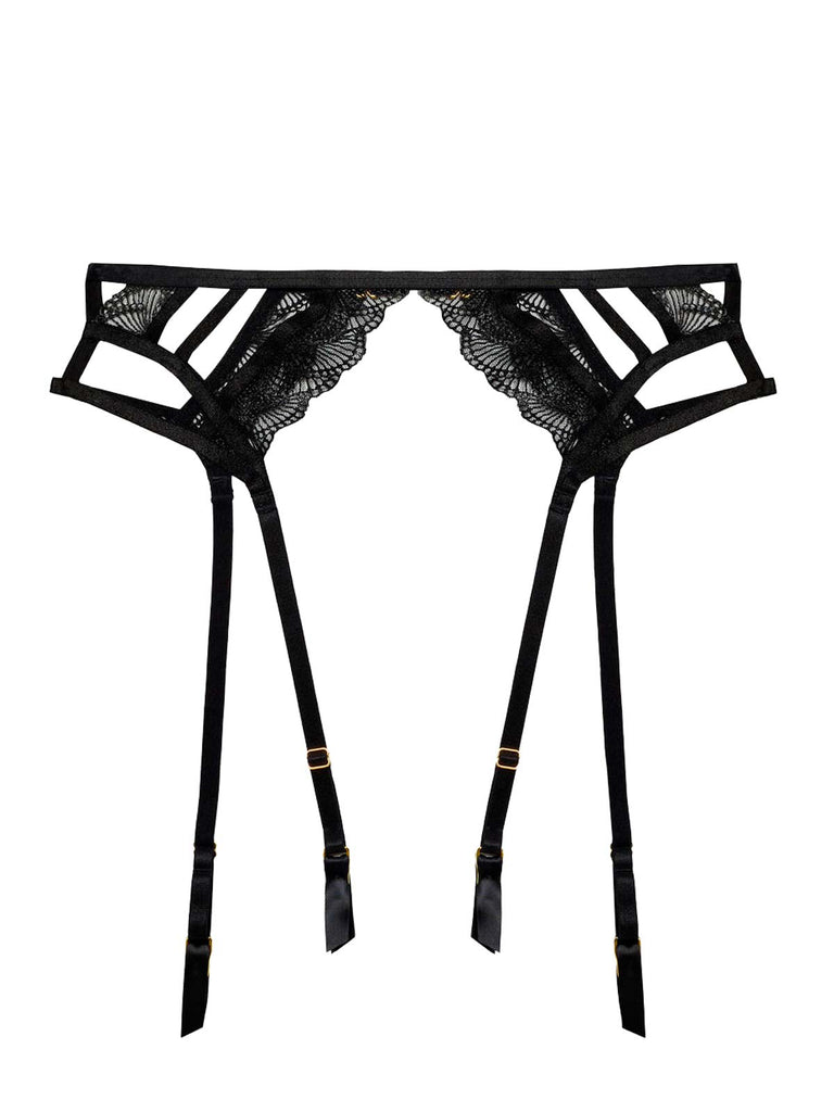 Tilly garter belt featuring a caged design, four straps, and gold buckles by Playful Promises.