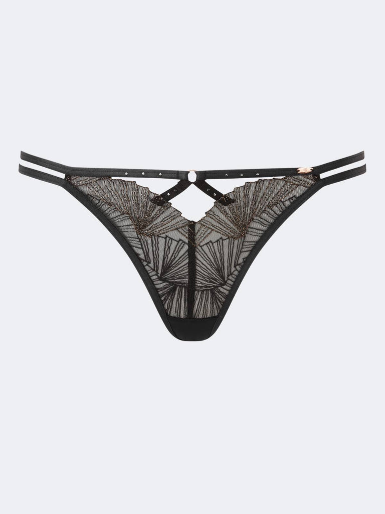 Opulent black thong with Art Deco and Art Nouveau motifs