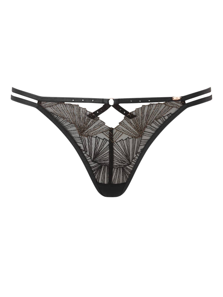 Art Deco-inspired black thong with gold accents