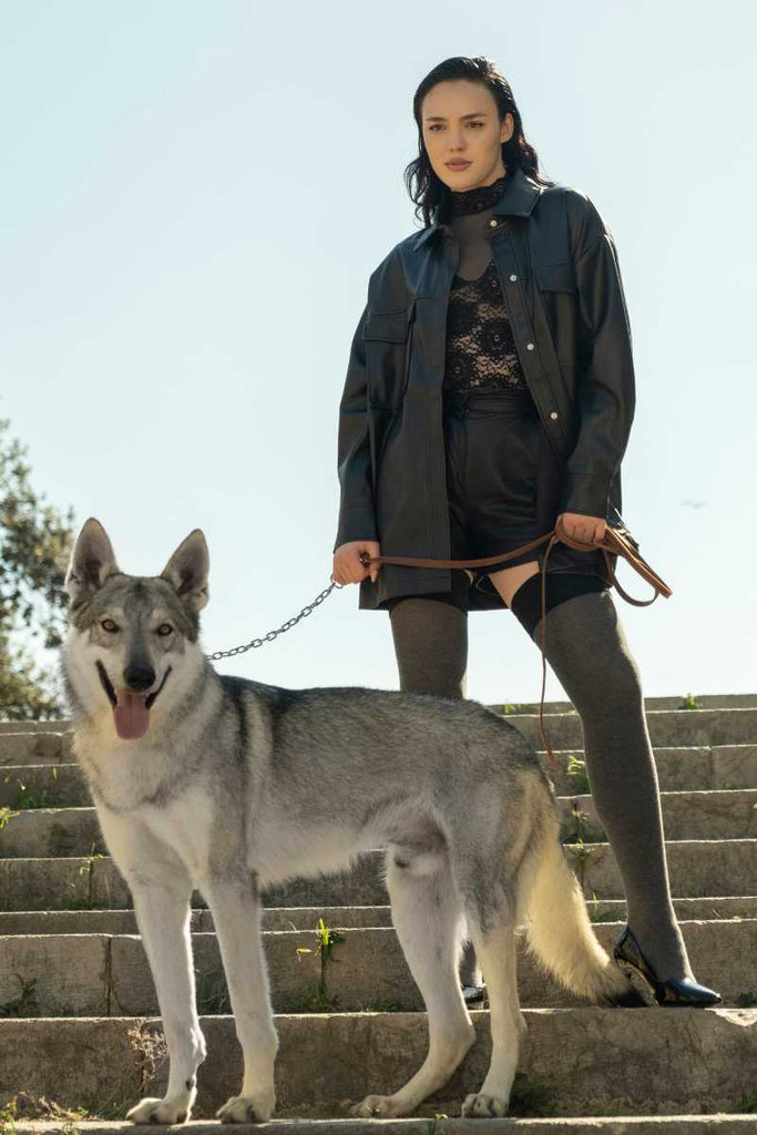 model standing on stairs wearing gray plush thigh highs with a wolf dog