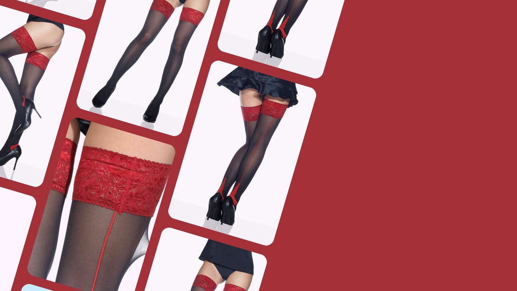 Legs in black sheer thigh highs with red rhinestone embellishments