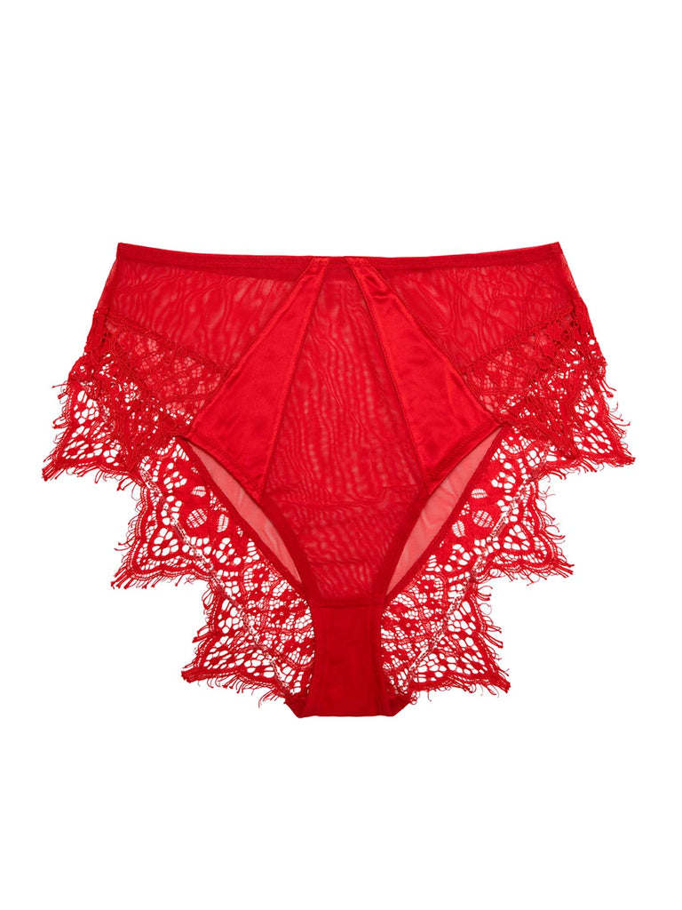 Melina high waist satin panties featuring lace trims in red made by Playful Promises.