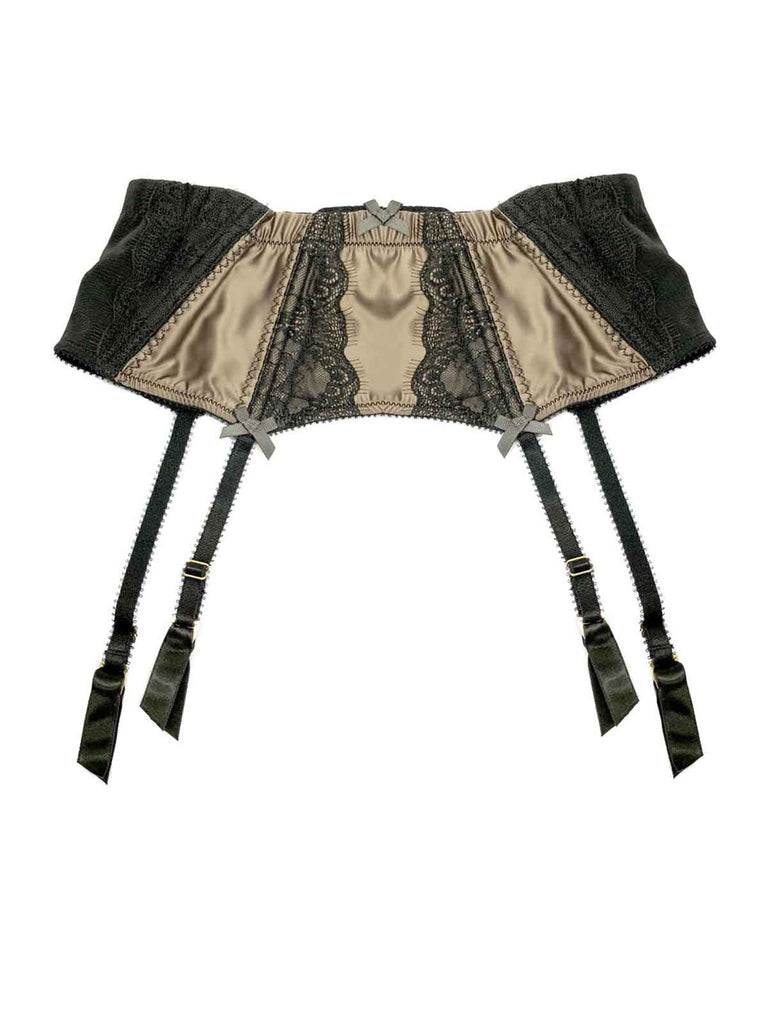 Falling in love satin garter belt featuring four straps and gold buckles by Fraulein Annie.