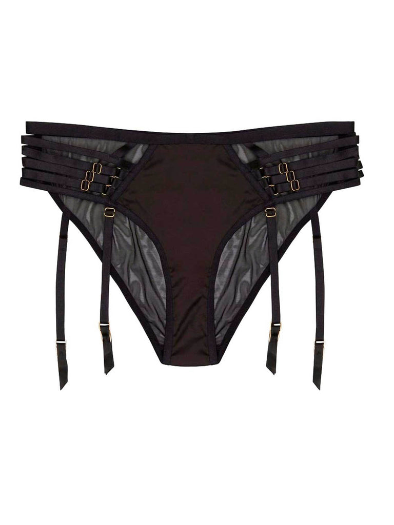 Delta panties and garter belt featuring a gothic-chic design, four straps, and gold buckles by Playful Promises.