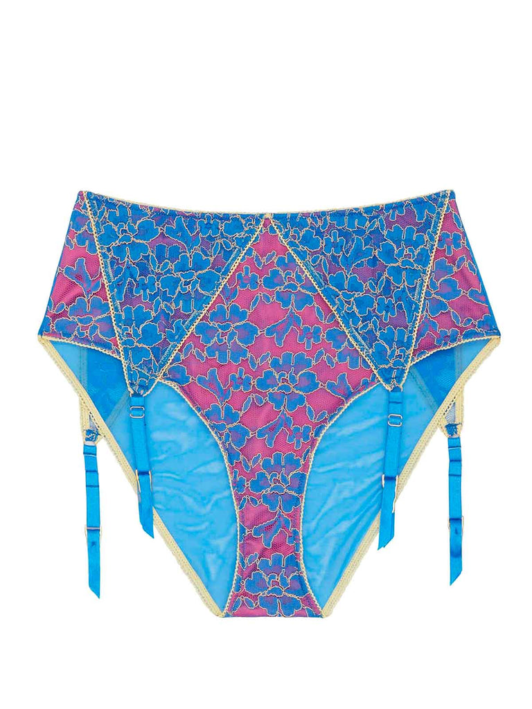 Aviyah panties and garter belt made with blue floral lace and yellow trims, four straps and buckles by Playful Promises.