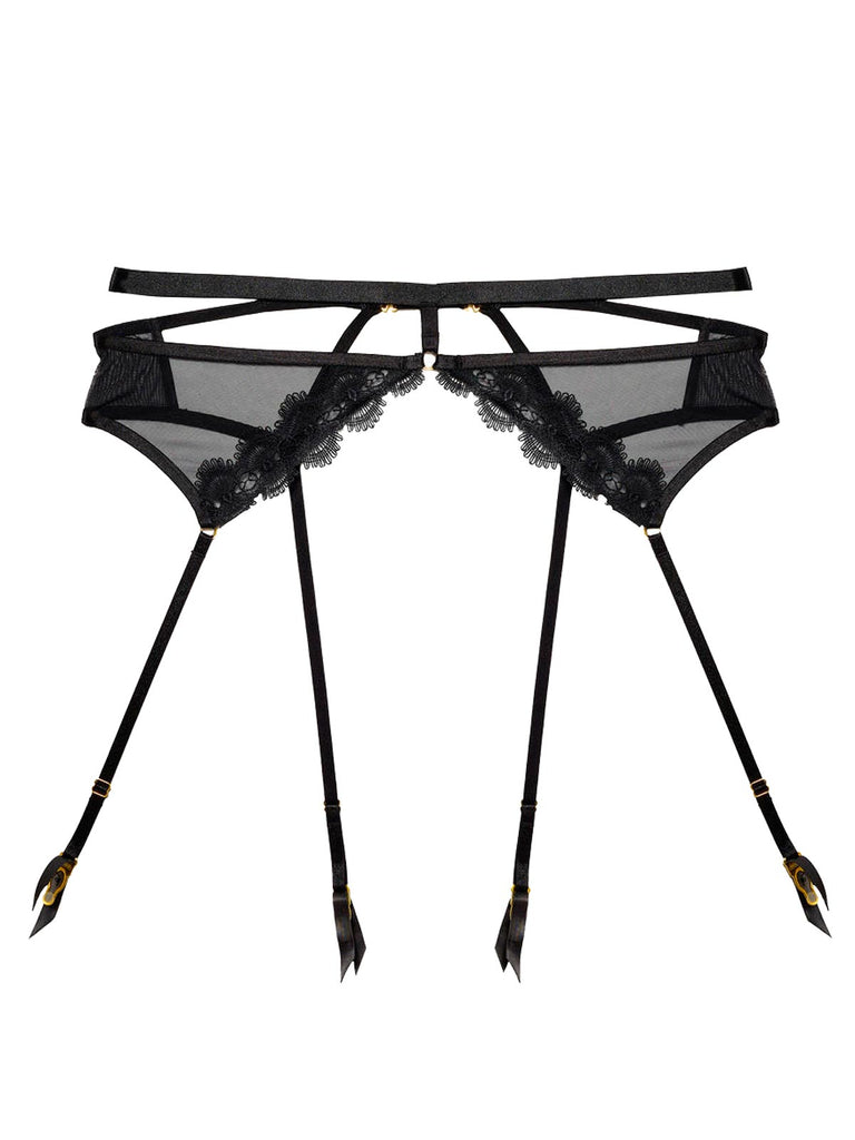 Esther lace garter belt in black features four straps and gold buckles by Playful Promises.