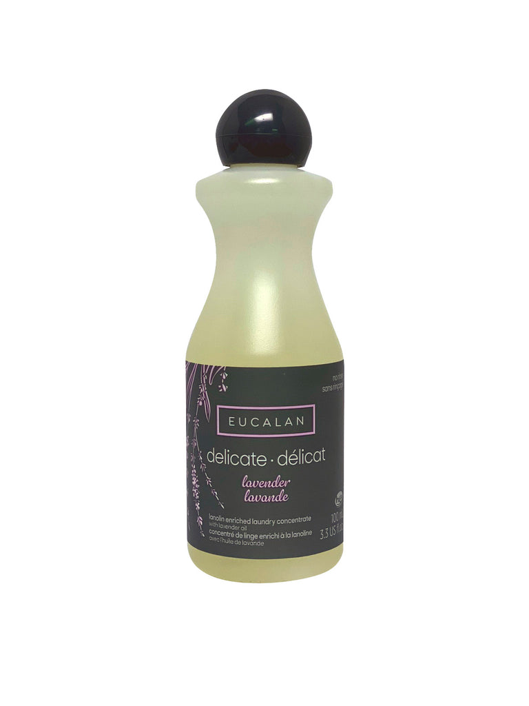 Bottle of 3.3 fluid ounce delicate wash solution for cleaning lingerie and stockings by Eucalan.