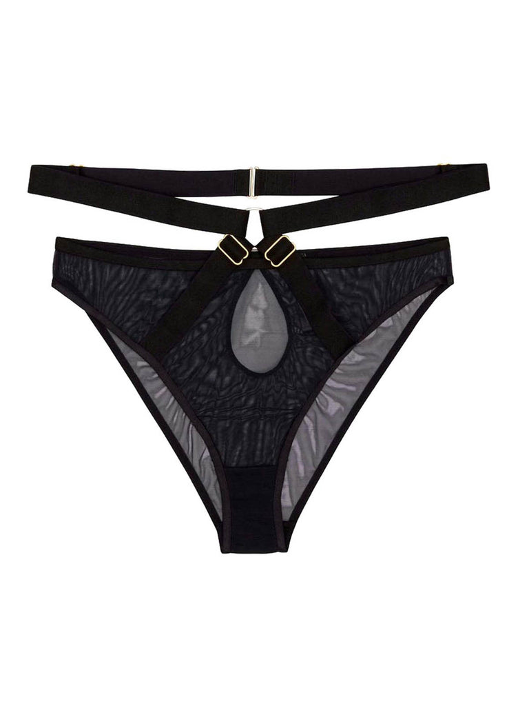 Katja satin underwear featuring a peephole and strap that can be worn around the waist and can stretch to the shoulders.