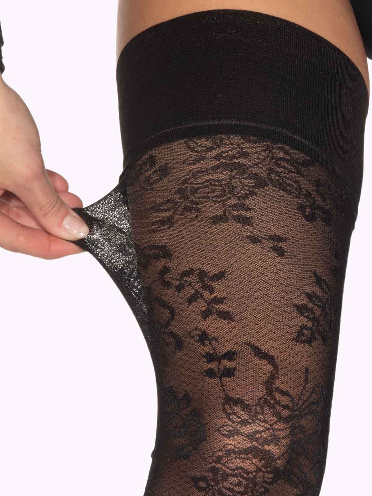Women's Shiny Glossy Lace Stay Up Thigh High Stockings – Non-Slip Stretchy Hosiery