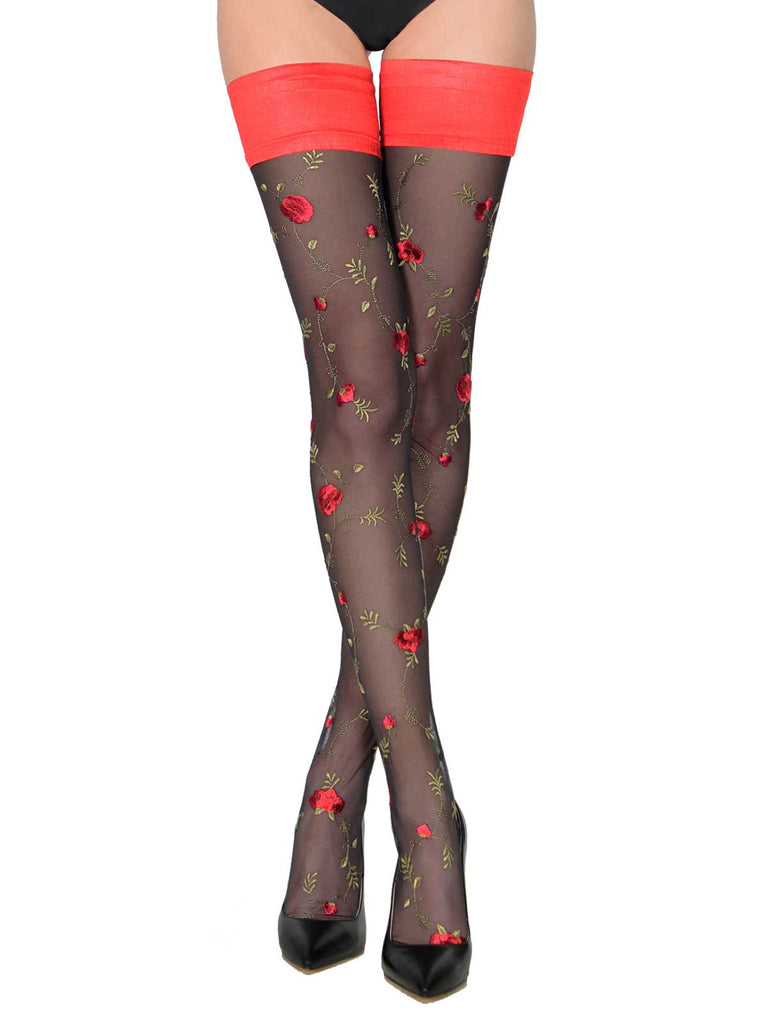 FIORELLA red satin top back seam thigh high stockings featuring a floral pattern in black lace by VienneMilano.