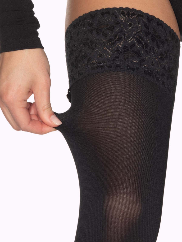 Satin Black ANDREA Opaque Thigh Highs by VienneMilano sold by VienneMilano