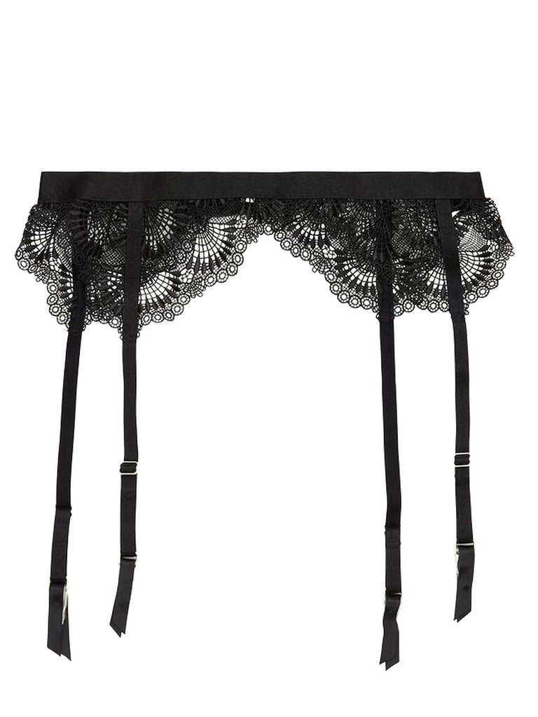Brandy lace garter belt in black featuring four straps and gold buckles by Playful Promises.