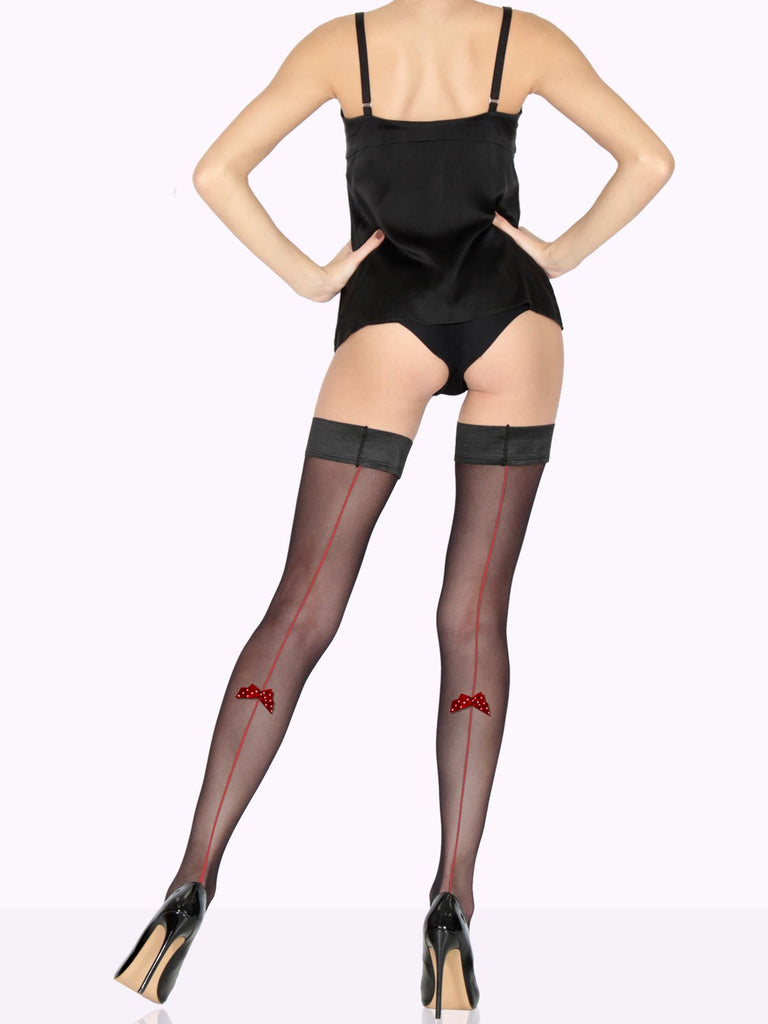 Classic Black FABIANA Back Seam Polka Dot Bows Thigh Highs by VienneMilano sold by VienneMilano