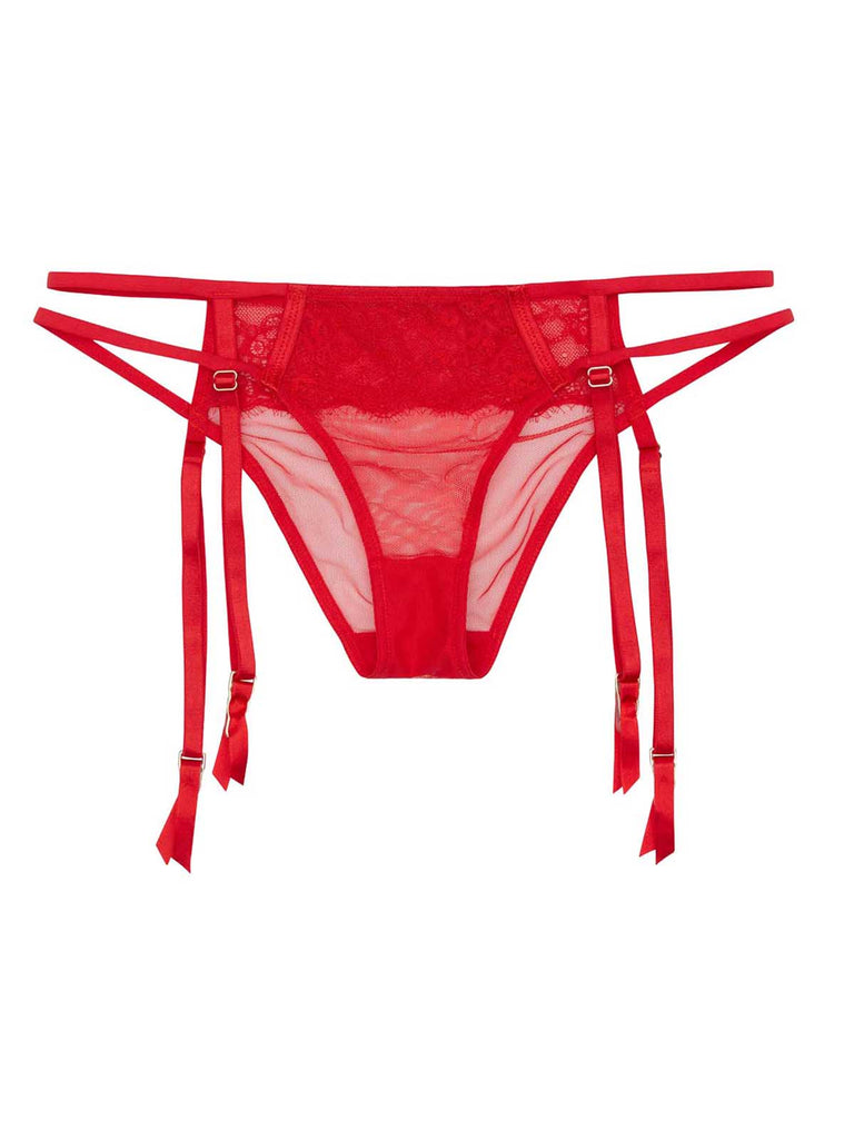 Charlotte panties and garter belt in red featuring four straps and gold buckles by Playful Promises.