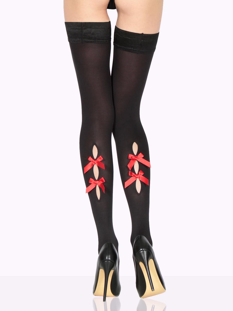 Satin Black MICHELA Red Bows Opaque Thigh Highs by VienneMilano sold by VienneMilano