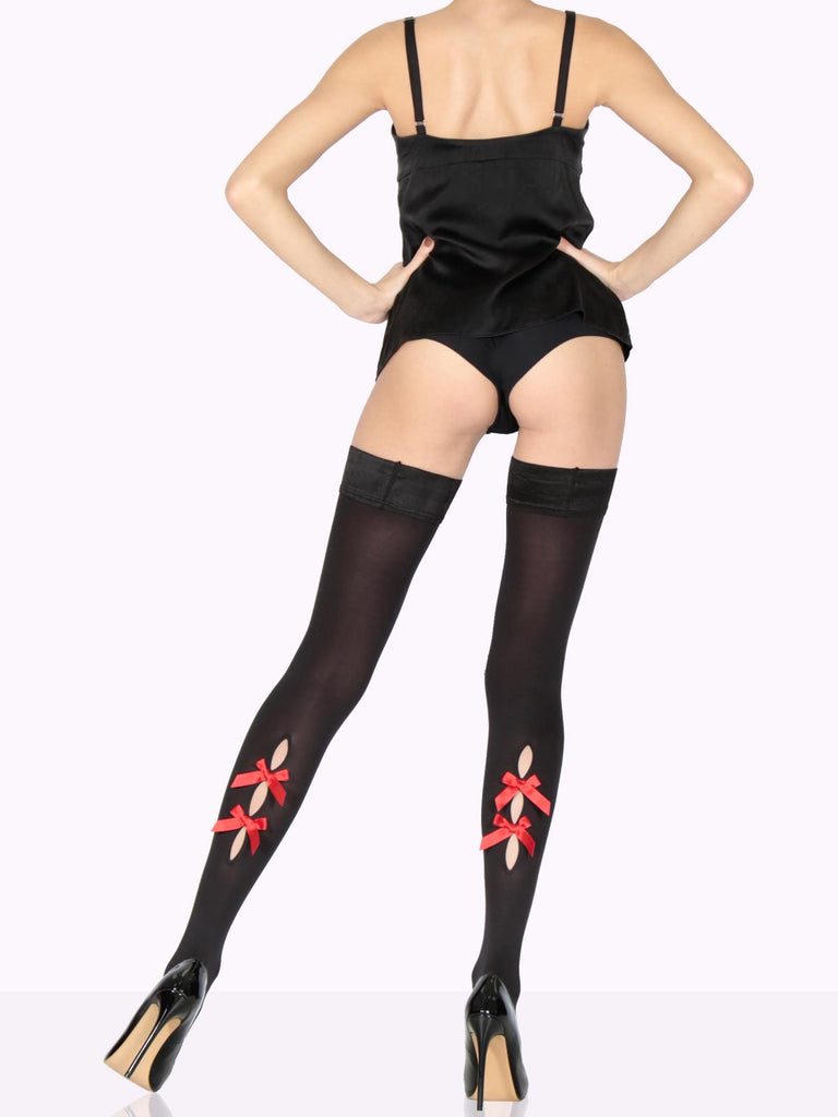 Satin Black MICHELA Red Bows Opaque Thigh Highs by VienneMilano sold by VienneMilano