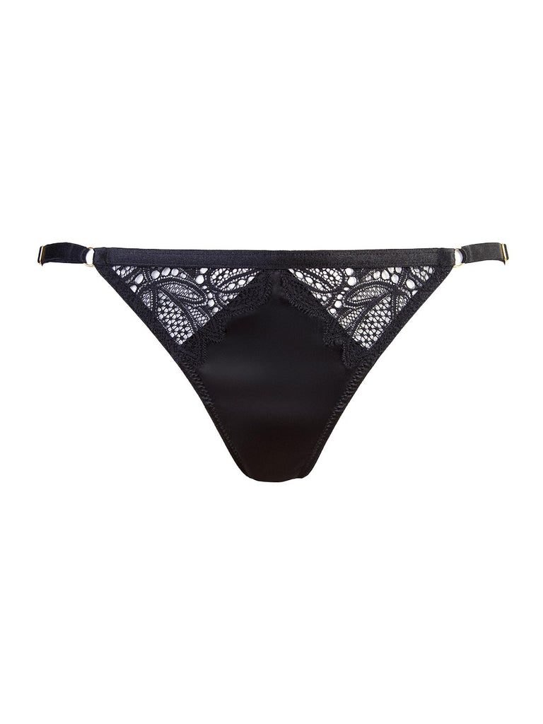 Dorothea bikini brief panties in black featuring gold finishing by Playful Promises.