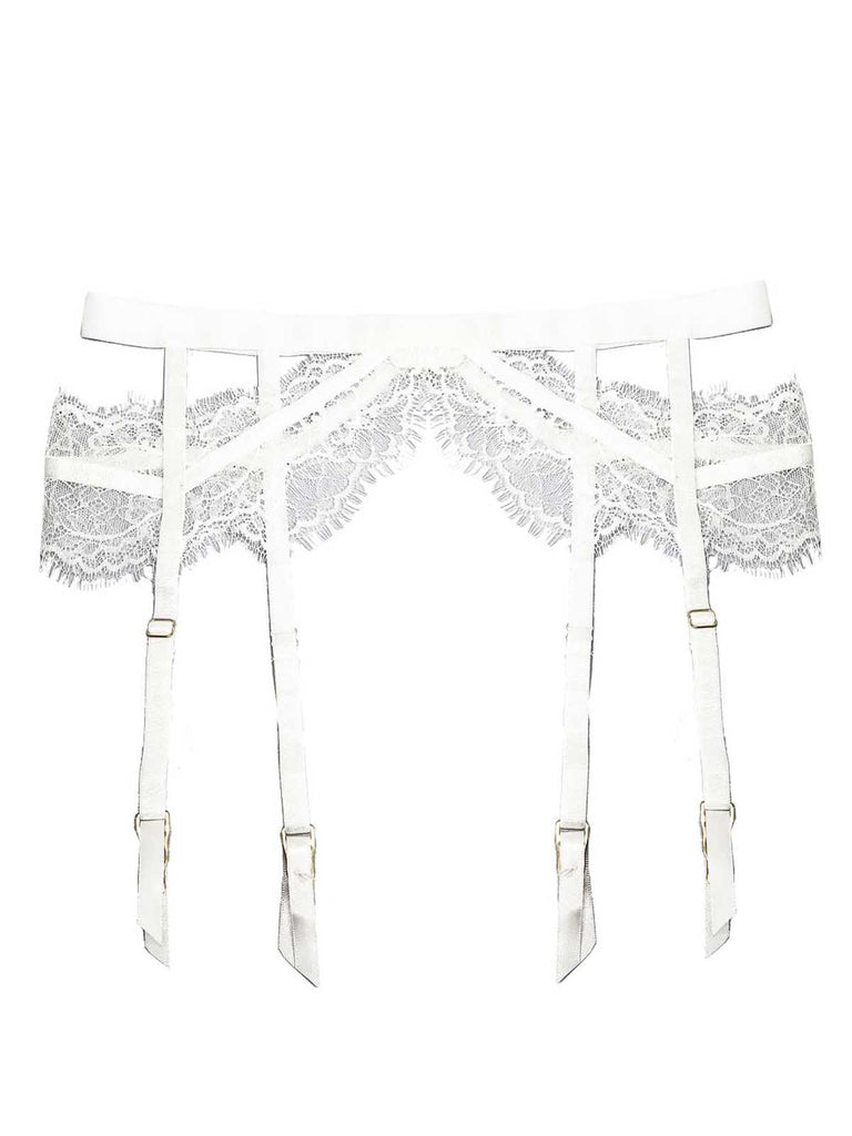 Alexa garter belt in white featuring four straps and gold buckles by Playful Promises.